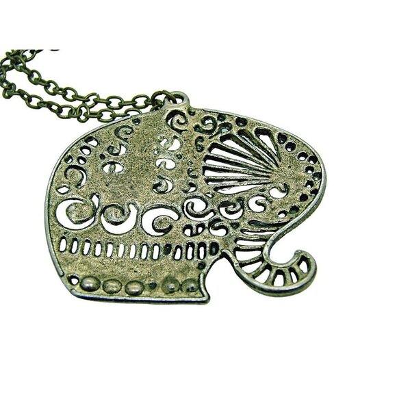 Elephant Pendant Necklace with Rhinestone Crystals Brass Filigree 15" Vintage - Picture 6 of 10